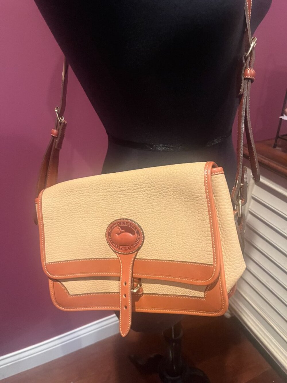 Dooney & Bourke Beige and Brown Leather Flap Shoulder Bag